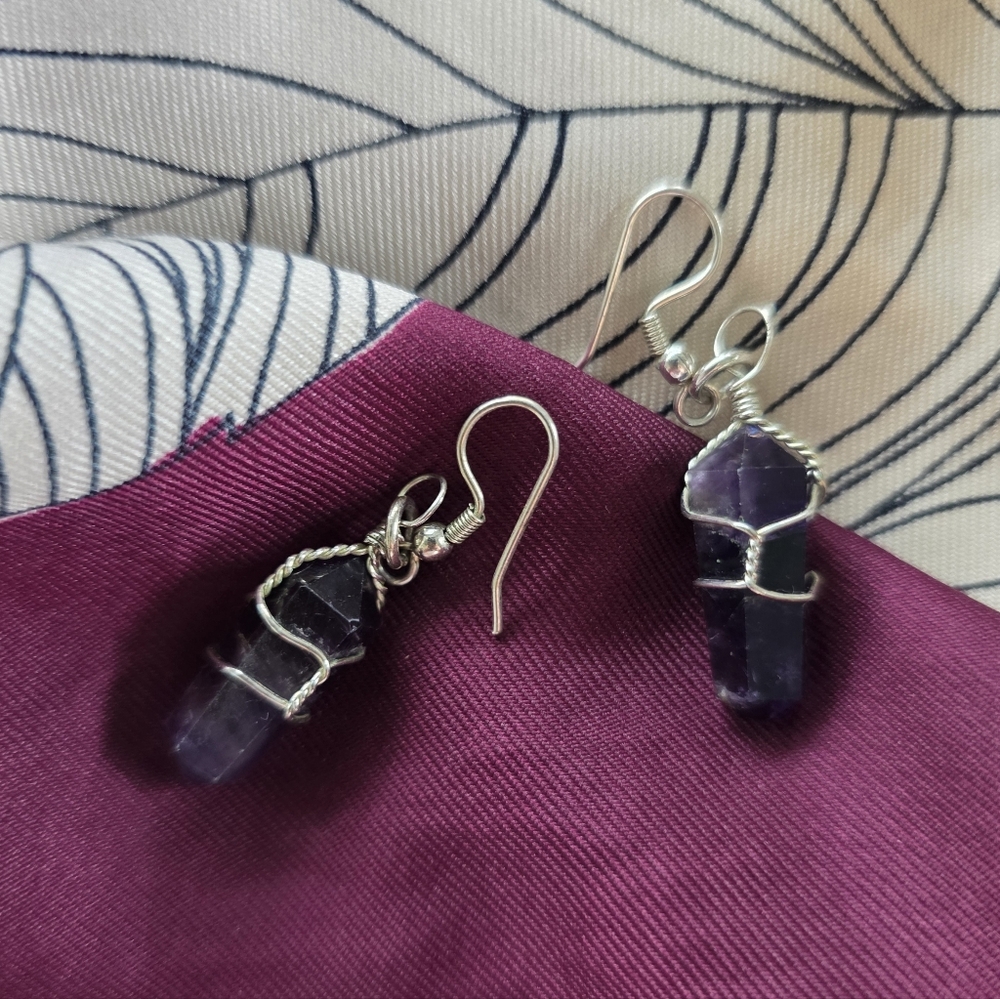 Amethyst Purple Crystal Wire-Wrap Dangle Earrings